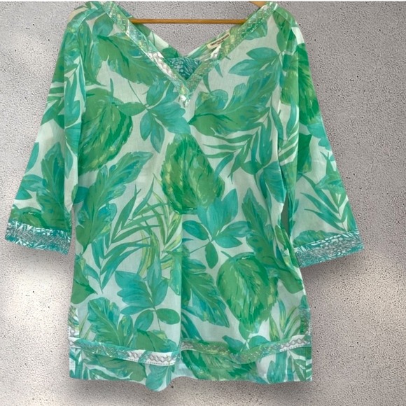 Christian Siriano New York Women's Large Green Leaf Print V-Neck Resortwear Chic - Picture 5 of 15